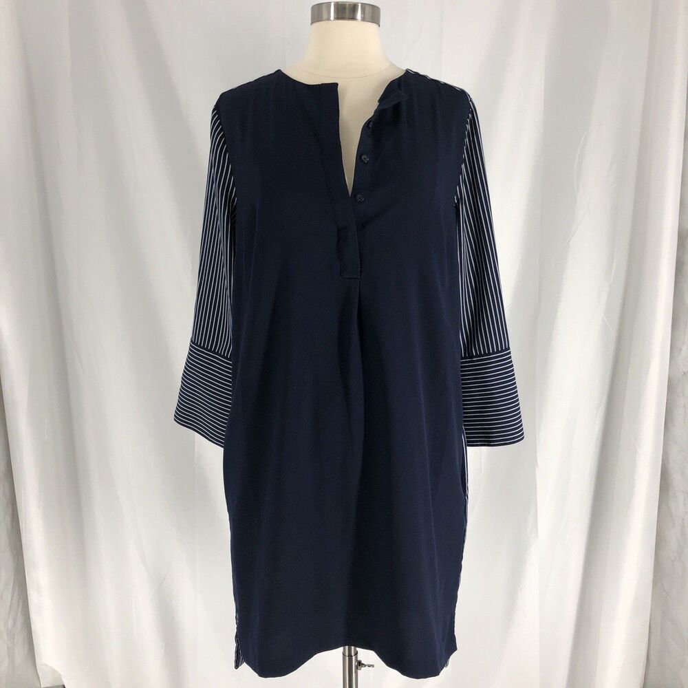 Loft Small Navy Blue Striped V Neck Shift Dress Nautical Preppy